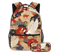 VAPOKF Flying Cranes on Seamless Flowers Pattern School Bag Set for Teen Girls Boys Kids, Student Bookbag Backpack Rucksack with Pencil Case for Primary Secondary Junior High School