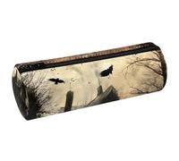 VAPOKF Flying Crows Abandoned Cabin Print Pencil Cases, PU Leather Pen Bag Student Stationery Organiser Bag Makeup Pouch for Women Girls Boys Kids School Office Supplies