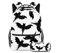VAPOKF Flying Halloween Bat Monster School Bag Set for Teen Girls Boys Kids, Student Bookbag Backpack Rucksack with Pencil Case for Primary Secondary Junior High School