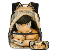 VAPOKF Fox Mother and Baby Sleeping School Bag Set for Teen Girls Boys Kids, Student Bookbag Backpack Rucksack with Pencil Case for Primary Secondary Junior High School