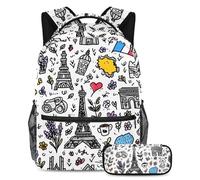 VAPOKF France Doodles Paris Tower Flag School Bag Set for Teen Girls Boys Kids, Student Bookbag Backpack Rucksack with Pencil Case for Primary Secondary Junior High School