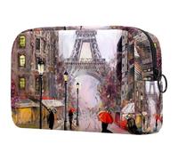 VAPOKF France Eiffel Tower People Under Red Umbrella Street Oil Painting Cosmetic Bag for Women, Travel Toiletries Bags Large Makeup Handy Pouch Organizer Bag with Zipper