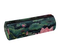 VAPOKF Frog on Lotus Pond PU Leather Barrel Pen Pencil Case Coin Purse Cosmetic Makeup Bag for Student Stationery School Office Storage