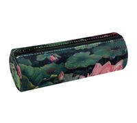 VAPOKF Frog on Lotus Pond PU Leather Barrel Pen Pencil Case Coin Purse Cosmetic Makeup Bag for Student Stationery School Office Storage