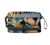 VAPOKF Funny Brown Sloth Gold Palm Banana Leaves Pattern Cosmetic Bag for Women and Girls, Travel Toiletry Bag Makeup Handy Pouch Organizer Bag with Brush Compartment