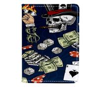 VAPOKF Gambling Dice Chips Poker Cigar Hat Skull Passport Holder Travel Wallet Leather Card Case Cover, 11.5x16.5cm