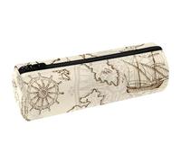 VAPOKF Geographical Maps of Sea Travel Print Pencil Cases, PU Leather Pen Bag Student Stationery Organiser Bag Makeup Pouch for Women Girls Boys Kids School Office Supplies
