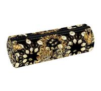 VAPOKF Gold Orient Ornament Leather Barrel Pen Pencil Case Coin Purse Cosmetic Makeup Bag for Student Stationery School Office Storage