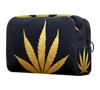 VAPOKF Golden Cannabis Leaf Weed Leaves Pattern Cosmetic Bag for Women, Travel Toiletries Bags Large Makeup Handy Pouch Organizer Bag with Zipper