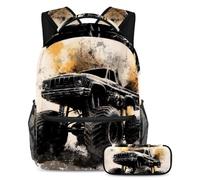 VAPOKF Grunge Black Monster Car School Bag Set for Teen Girls Boys Kids, Student Bookbag Backpack Rucksack with Pencil Case for Primary Secondary Junior High School