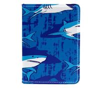 VAPOKF Grunge Blue Shark Pattern Passport Holder Travel Wallet Leather Card Case Cover, 11.5x16.5cm