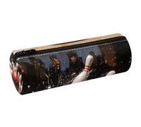 VAPOKF Grunge Bowling Ball Crashing The Pins Leather Barrel Pen Pencil Case Coin Purse Cosmetic Makeup Bag for Student Stationery School Office Storage