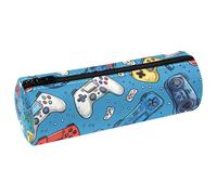 VAPOKF Grunge Game Controllers on Blue Print Pencil Cases, PU Leather Pen Bag Student Stationery Organiser Bag Makeup Pouch for Women Girls Boys Kids School Office Supplies