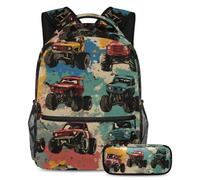 VAPOKF Grunge Monster Truck Cars School Bag Set for Teen Girls Boys Kids, Student Bookbag Backpack Rucksack with Pencil Case for Primary Secondary Junior High School