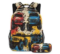 VAPOKF Grunge Painting Monster Trucks School Bag Set for Teen Girls Boys Kids, Student Bookbag Backpack Rucksack with Pencil Case for Primary Secondary Junior High School