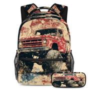 VAPOKF Grunge Red Monster Car School Bag Set for Teen Girls Boys Kids, Student Bookbag Backpack Rucksack with Pencil Case for Primary Secondary Junior High School