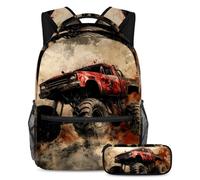 VAPOKF Grunge Red Monster Car School Bag Set for Teen Girls Boys Kids, Student Bookbag Backpack Rucksack with Pencil Case for Primary Secondary Junior High School