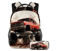 VAPOKF Grunge Red Monster Car School Bag Set for Teen Girls Boys Kids, Student Bookbag Backpack Rucksack with Pencil Case for Primary Secondary Junior High School