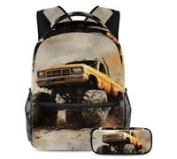 VAPOKF Grunge Yellow Monster Car School Bag Set for Teen Girls Boys Kids, Student Bookbag Backpack Rucksack with Pencil Case for Primary Secondary Junior High School