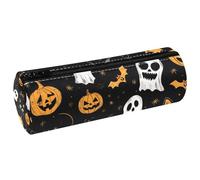 VAPOKF Halloween Bat Cat Pumpkin PU Leather Barrel Pen Pencil Case Coin Purse Cosmetic Makeup Bag for Student Stationery School Office Storage