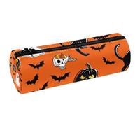 VAPOKF Halloween Black Cat Skull Bat Pumpkin PU Leather Barrel Pen Pencil Case Coin Purse Cosmetic Makeup Bag for Student Stationery School Office Storage