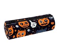VAPOKF Halloween Cat PU Leather Barrel Pen Pencil Case Coin Purse Cosmetic Makeup Bag for Student Stationery School Office Storage
