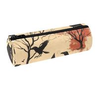 VAPOKF Halloween Crows on Abandoned House Print Pencil Cases, PU Leather Pen Bag Student Stationery Organiser Bag Makeup Pouch for Women Girls Boys Kids School Office Supplies
