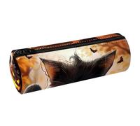 VAPOKF Halloween Cute Black Cat with Pumpkin PU Leather Barrel Pen Pencil Case Coin Purse Cosmetic Makeup Bag for Student Stationery School Office Storage
