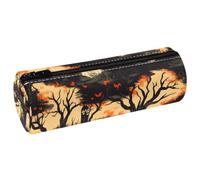 VAPOKF Halloween Dead Tree Graveyard Leather Barrel Pen Pencil Case Coin Purse Cosmetic Makeup Bag for Student Stationery School Office Storage