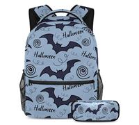 VAPOKF Halloween Flying Bat on Gray School Bag Set for Teen Girls Boys Kids, Student Bookbag Backpack Rucksack with Pencil Case for Primary Secondary Junior High School