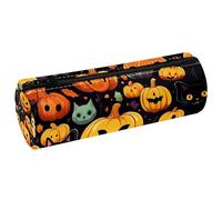 VAPOKF Halloween Funny Pumpkin Cat PU Leather Barrel Pen Pencil Case Coin Purse Cosmetic Makeup Bag for Student Stationery School Office Storage