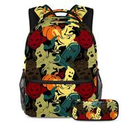 VAPOKF Halloween Ghost Monster Tombstone School Bag Set for Teen Girls Boys Kids, Student Bookbag Backpack Rucksack with Pencil Case for Primary Secondary Junior High School