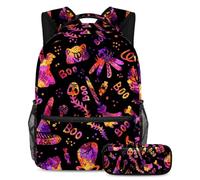 VAPOKF Halloween Ghost Witch Hat Monster Pumpkin School Bag Set for Teen Girls Boys Kids, Student Bookbag Backpack Rucksack with Pencil Case for Primary Secondary Junior High School