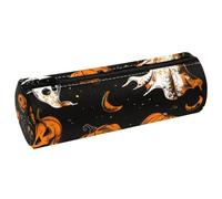 VAPOKF Halloween Pumpkin Cat Bat PU Leather Barrel Pen Pencil Case Coin Purse Cosmetic Makeup Bag for Student Stationery School Office Storage