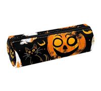 VAPOKF Halloween Pumpkin Cat PU Leather Barrel Pen Pencil Case Coin Purse Cosmetic Makeup Bag for Student Stationery School Office Storage