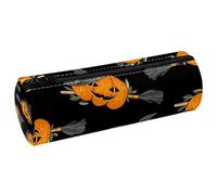 VAPOKF Halloween Pumpkin with Witch Hat Broom Pencil Cases, PU Leather Pen Bag Student Stationery Organiser Bag Makeup Pouch for Women Girls Boys Kids School Office Supplies