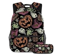 VAPOKF Halloween Zombie Hand Ghost Pumpkin Candle School Bag Set for Teen Girls Boys Kids, Student Bookbag Backpack Rucksack with Pencil Case for Primary Secondary Junior High School
