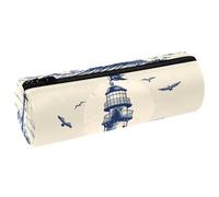 VAPOKF Hand Drawn Vintage Ocean Lighthouse PU Leather Barrel Pen Pencil Case Coin Purse Cosmetic Makeup Bag for Student Stationery School Office Storage