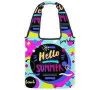 VAPOKF Hello Summer Beach Party Canvas Tote Bags, Women's Shoulder Handbags, Large Reusable Carry Bag Shoulder Bag for School Work Office Travel Shopping Casual