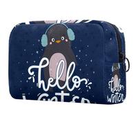 VAPOKF Hello Winter Lettering Penguin Cosmetic Bag for Women, Travel Toiletries Bags Large Makeup Handy Pouch Organizer Bag with Zipper
