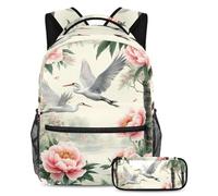VAPOKF Herons Fly Among Peony Tree School Bag Set for Teen Girls Boys Kids, Student Bookbag Backpack Rucksack with Pencil Case for Primary Secondary Junior High School