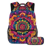 VAPOKF Hippie Henna Mandala Floral School Bag Set for Teen Girls Boys Kids, Student Bookbag Backpack Rucksack with Pencil Case for Primary Secondary Junior High School