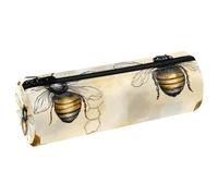 VAPOKF Honey Bees and Hives Leather Barrel Pen Pencil Case Coin Purse Cosmetic Makeup Bag for Student Stationery School Office Storage