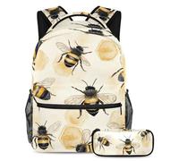 VAPOKF Honey Bees Comb Pattern School Bag Set for Teen Girls Boys Kids, Student Bookbag Backpack Rucksack with Pencil Case for Primary Secondary Junior High School