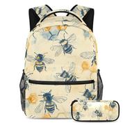 VAPOKF Honey Bees Comb Sketch School Bag Set for Teen Girls Boys Kids, Student Bookbag Backpack Rucksack with Pencil Case for Primary Secondary Junior High School
