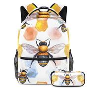 VAPOKF Honey Bees on Colorful Comb School Bag Set for Teen Girls Boys Kids, Student Bookbag Backpack Rucksack with Pencil Case for Primary Secondary Junior High School