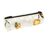 VAPOKF Honey Bees on Hive Pattern Leather Barrel Pen Pencil Case Coin Purse Cosmetic Makeup Bag for Student Stationery School Office Storage
