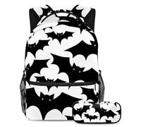 VAPOKF Horror Halloween Bat Green Eyes School Bag Set for Teen Girls Boys Kids, Student Bookbag Backpack Rucksack with Pencil Case for Primary Secondary Junior High School