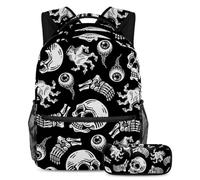 VAPOKF Horror Skull Eyeball Zombie Hand Bone School Bag Set for Teen Girls Boys Kids, Student Bookbag Backpack Rucksack with Pencil Case for Primary Secondary Junior High School