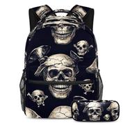 VAPOKF Horror Skulls School Bag Set for Teen Girls Boys Kids, Student Bookbag Backpack Rucksack with Pencil Case for Primary Secondary Junior High School